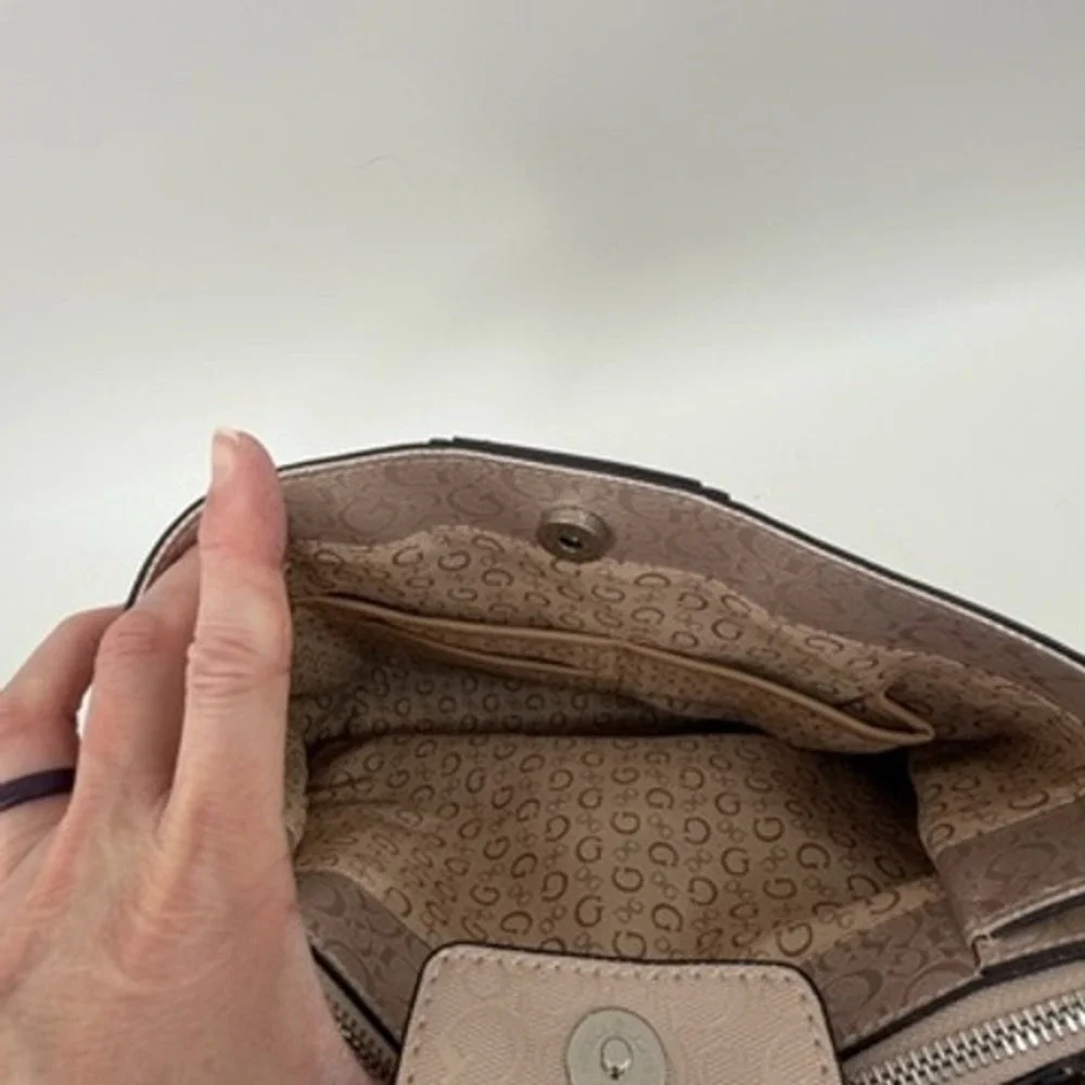 Guess Metallic Champagne Logo Satchel‎ Crossbody Handbag with Flower Charm